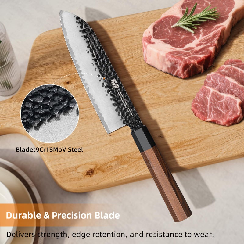 FINDKING Dynasty Series Japanese Santoku Knife, Professional Kitchen Knife, 9Cr18MoV High Carbon Steel Blade, African Rosewood Octagonal Handle, for Meat, Fruits, Vegetables, 7 Inches - Image 2